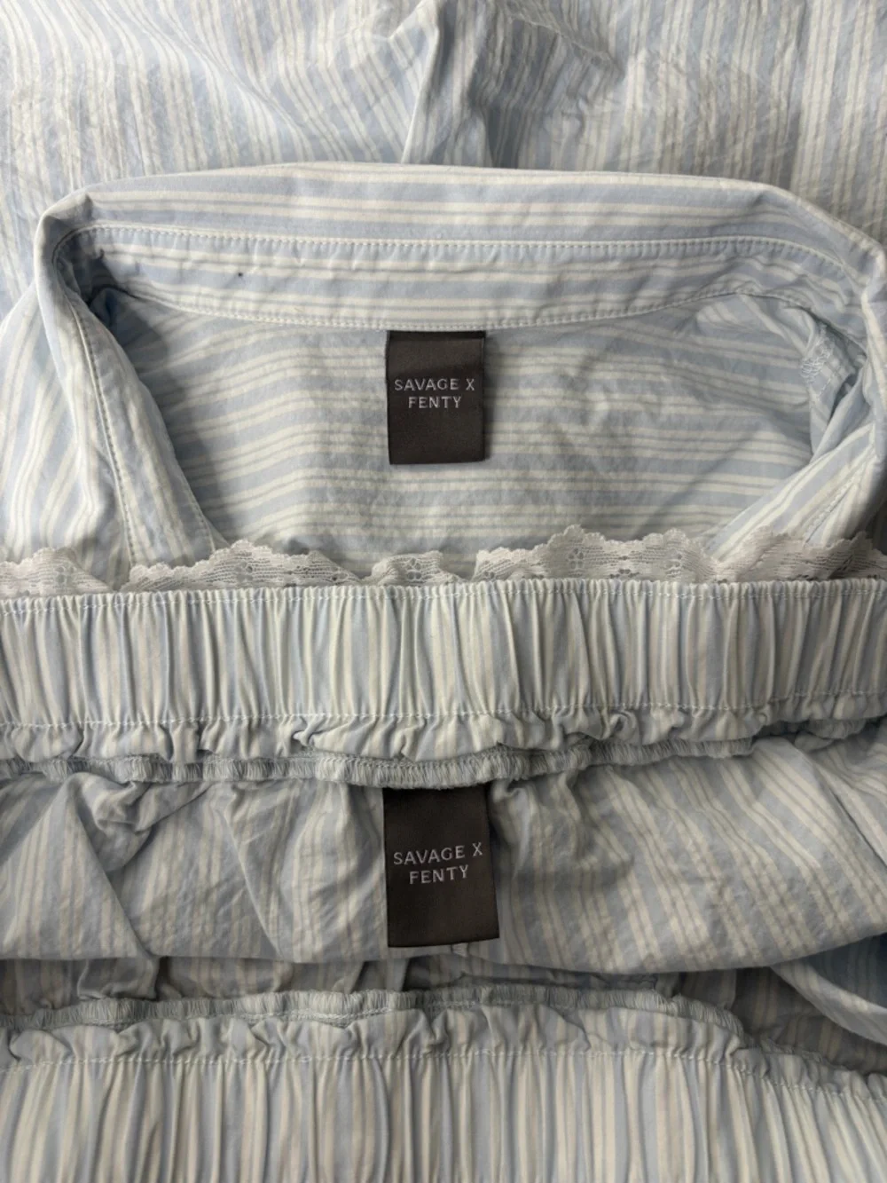 Savage X Fenty | Blue Stripe Pajama Set | Lace Trim Button Top & Shorts | Size M